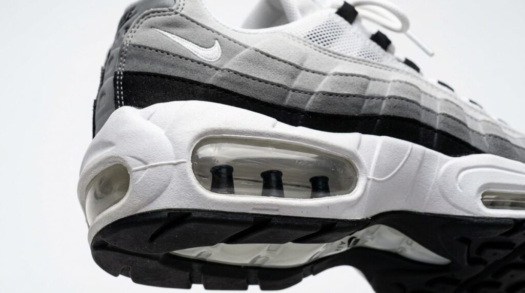 Close-up detail shot of Air Max 95 Big Bubble midsole showin