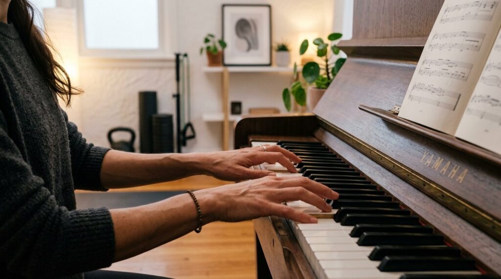 Close-up of fit persons hands playing piano keys in minimal