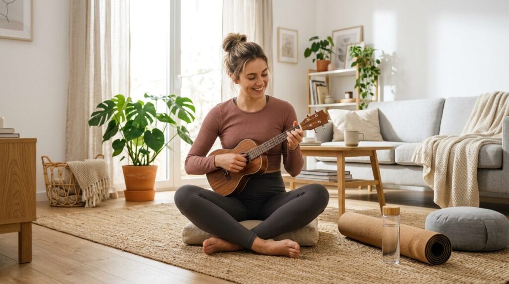 Young athletic woman in comfortable activewear playing ukule