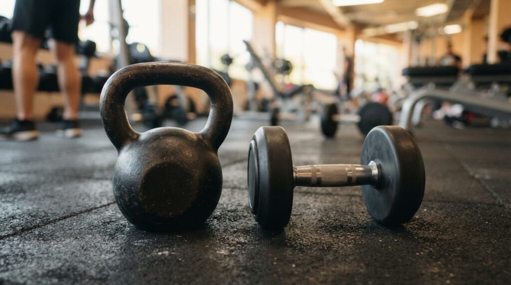 Close-up comparison shot of a kettlebell and a dumbbell side