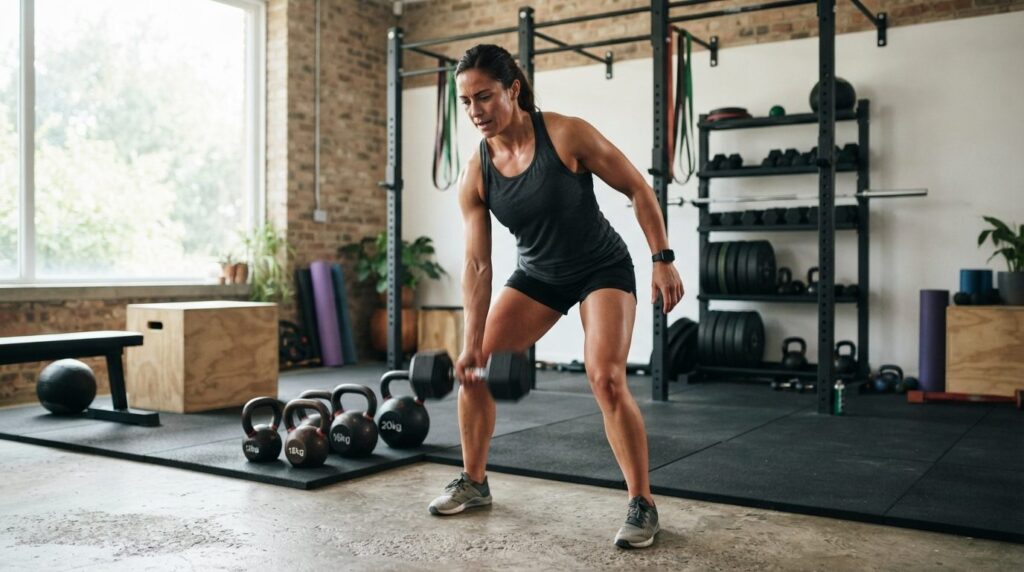 Muscular athlete performing dumbbell exercises in a modern h