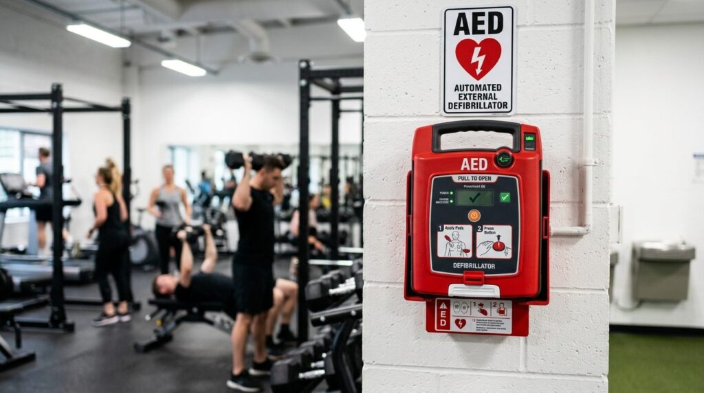 Close-up of a red automated external defibrillator (AED) dev