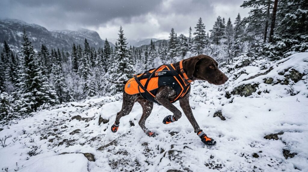 Nordic outdoor scene of a fit working dog in full Non-Stop D
