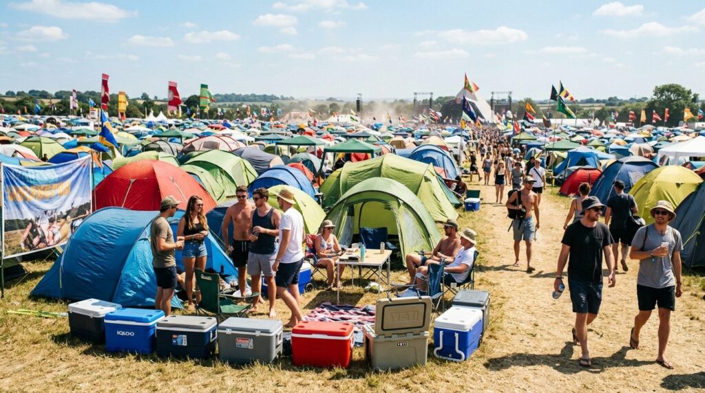 Wide landscape shot of festival camping area with multiple p