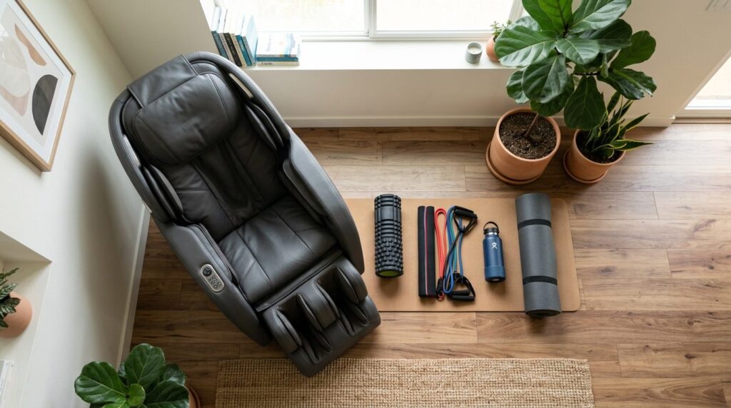 Photorealistic overhead view of an active lifestyle scene: a
