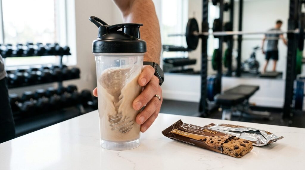 Close-up product photography of protein powder being mixed i