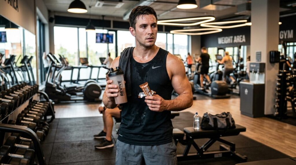 Athletic male holding a protein shake and protein bar after