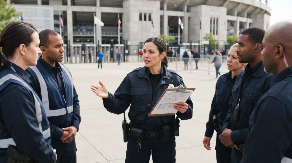 Close-up of security team leader briefing uniformed security