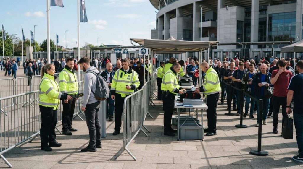 Security checkpoint at entrance of sports event with guards