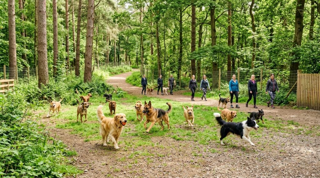 Wide landscape shot of multiple active dogs playing and exer