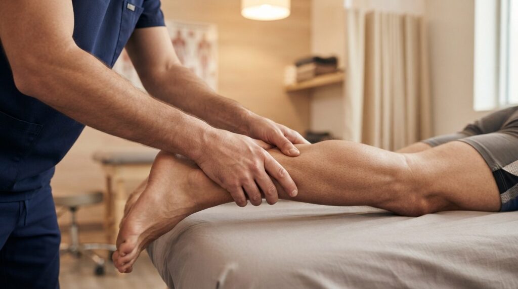 Close-up of skilled massage therapists hands performing dee