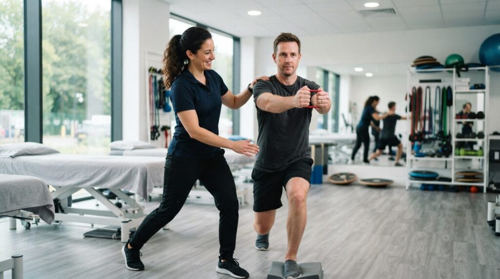 Sports physiotherapist demonstrating rehabilitation exercise