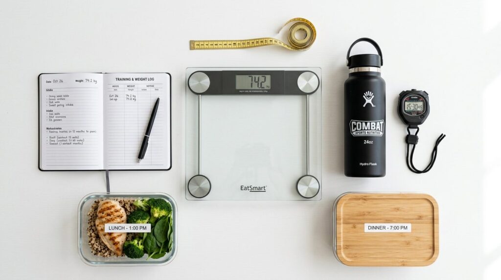Overhead flat lay photograph of combat sports weight managem