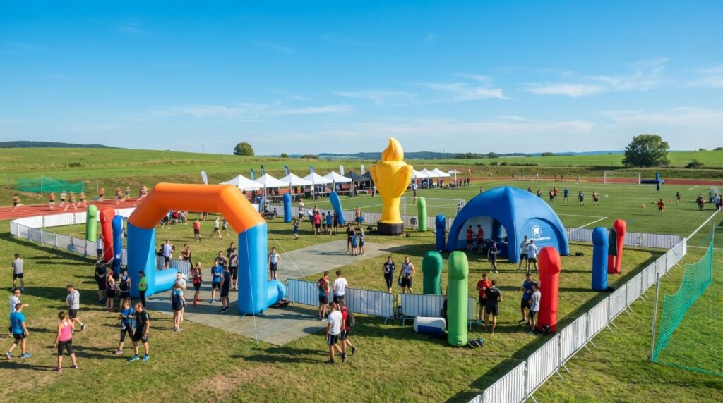 Wide angle view of a sports club event with multiple inflata