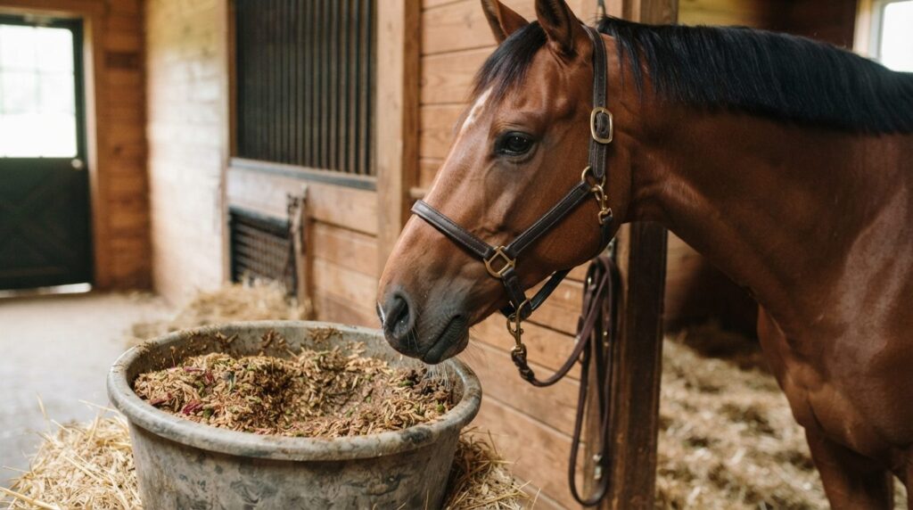 Close-up of balanced equine nutrition: bowl of quality horse