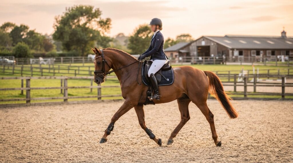 Active equestrian scene showing a rider on a well-muscled ho