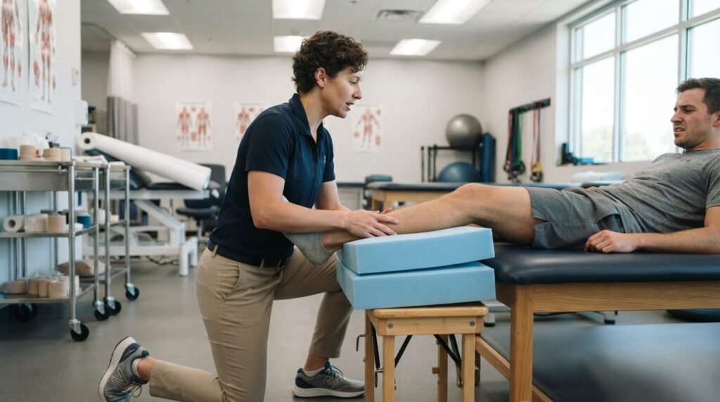 Athletic trainer demonstrating proper elevation technique wi