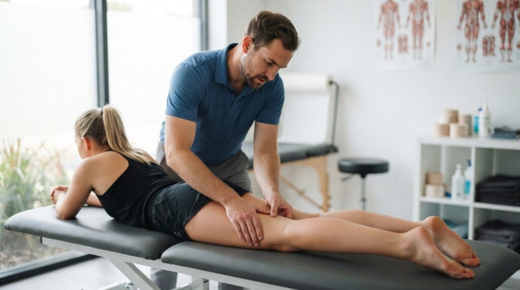 Sports physiotherapist performing manual assessment and palp