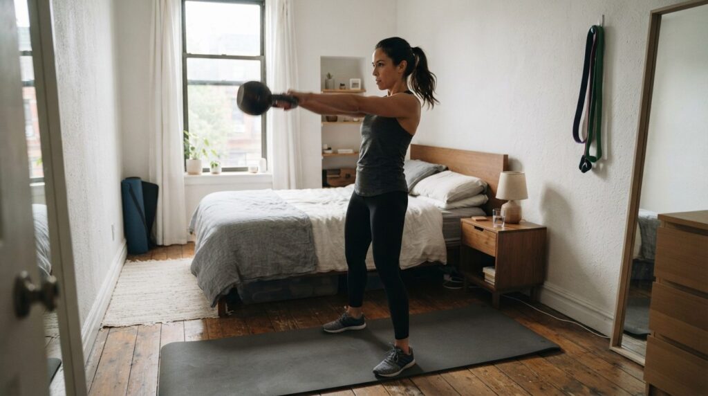 Woman performing kettlebell exercise in a small apartment be