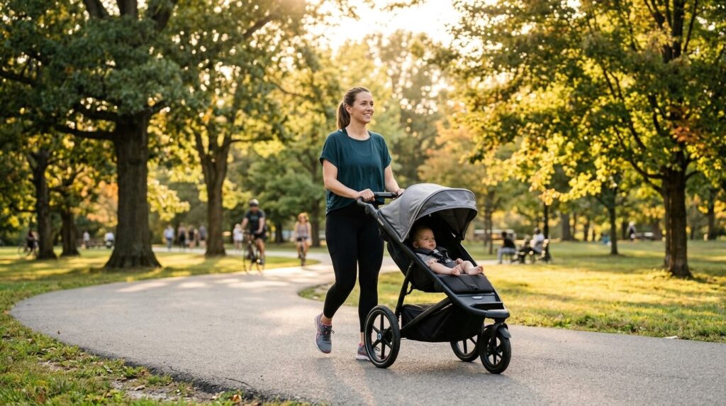 A healthy woman in athletic wear doing a gentle postpartum w