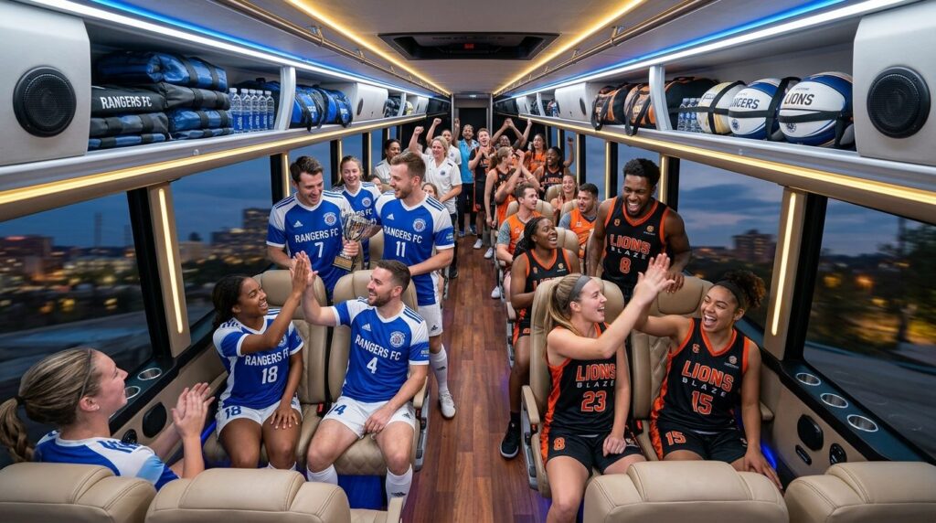 Overhead wide-angle shot of a spacious party bus interior fi