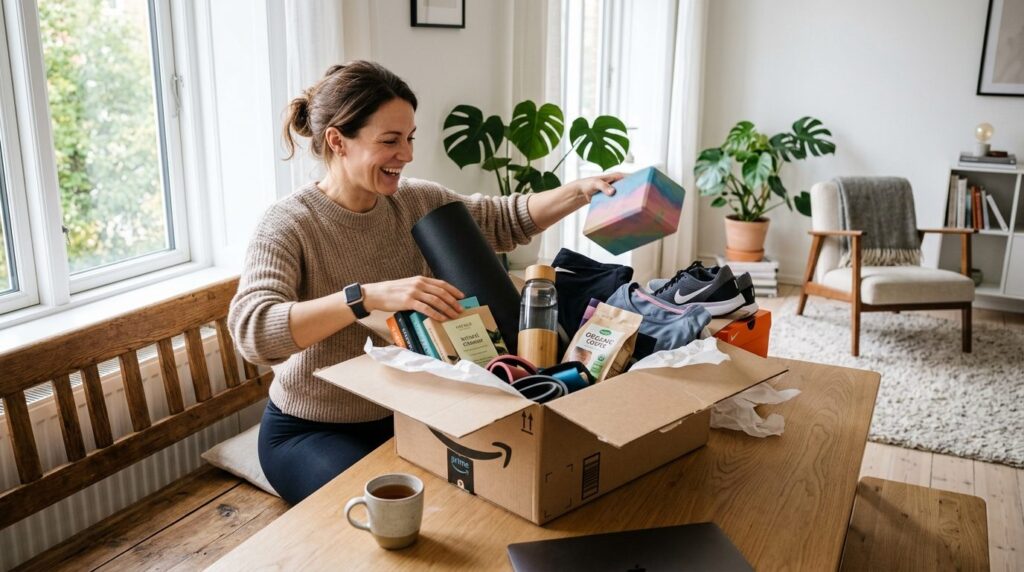 Busy professional woman in her 30s at home opening a cardboa