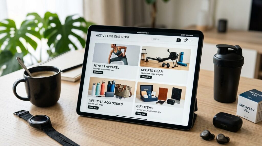 Close-up detail shot of a digital shopping interface on a ta