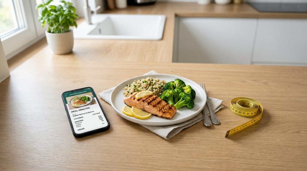 Close-up overhead shot of athletic meal preparation scene: s