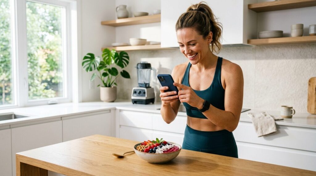 Active woman in sportswear in bright kitchen, pointing smart