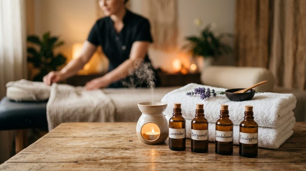 Close-up of aromatherapy massage setup with essential oil bo