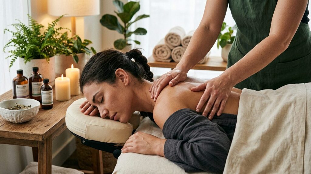 Athletic woman receiving relaxation massage with essential o